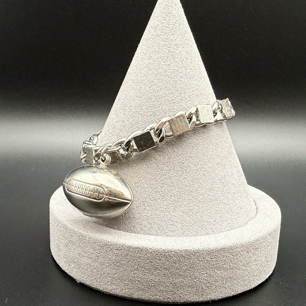 Vtg Lisner Silver Tone Football Charm Bracelet Chunky Textured Link Sports Fan
